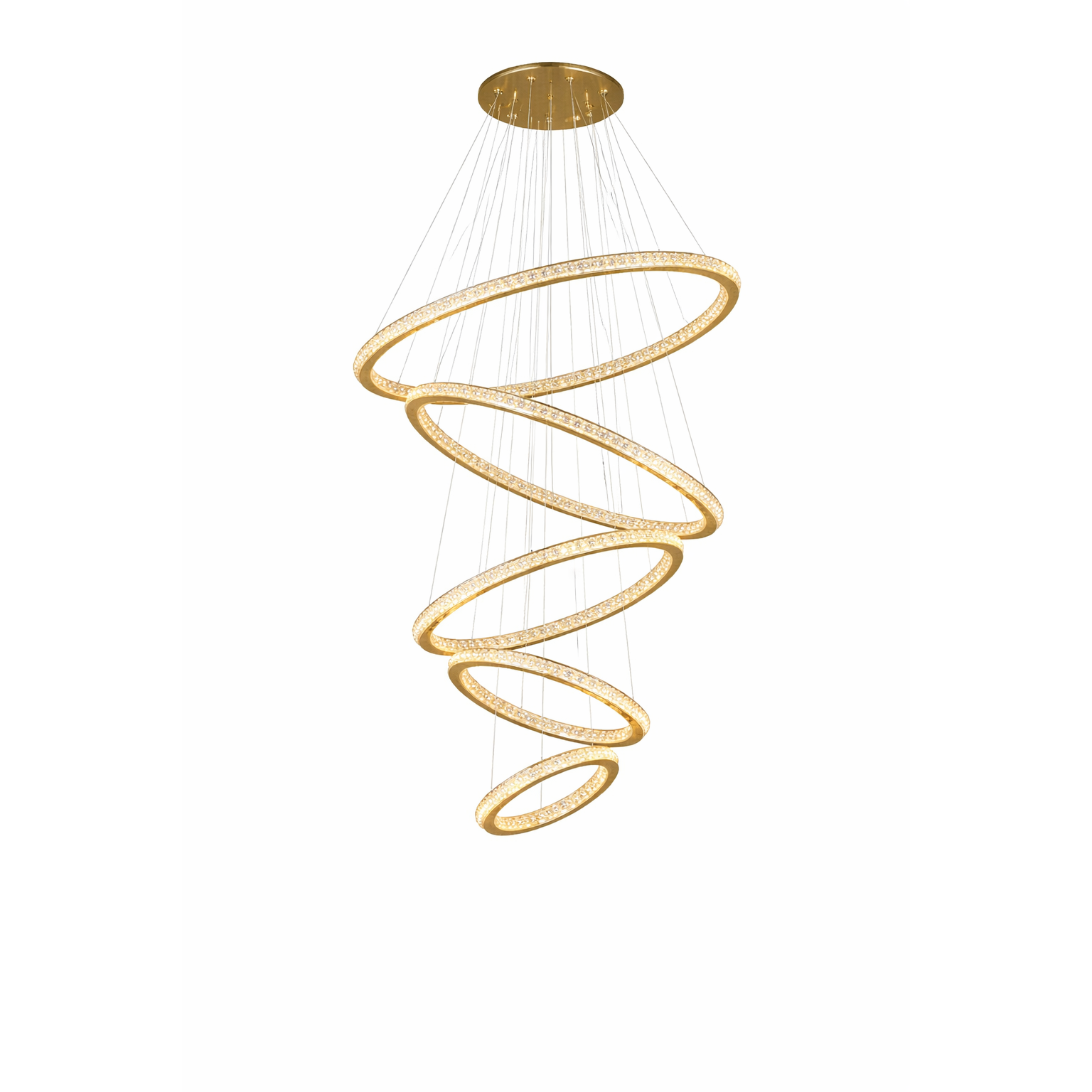 Wide angle view of the Claremont ring staircase chandelier cascading through an architectural spiral staircase.