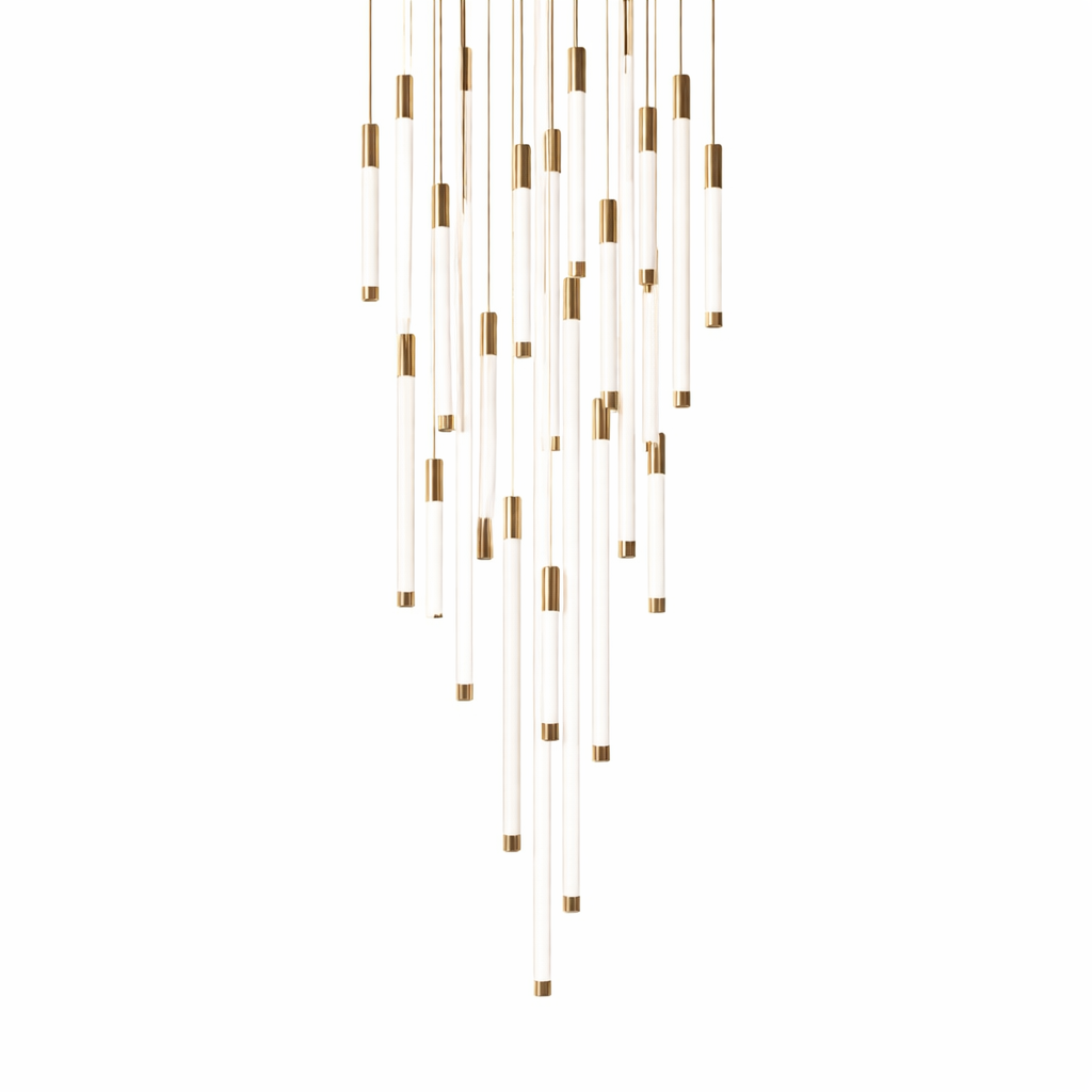 Wide shot of the Avezzano pendant chandelier in a grand staircase, showcasing its vertical silhouette.