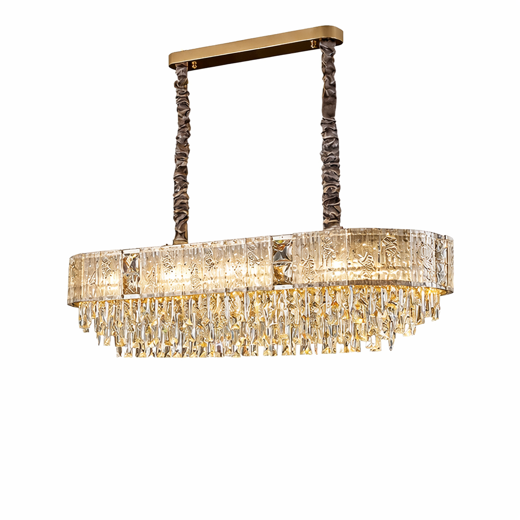 Wide view of the Patrizio rectangular chandelier hanging in a sleek, contemporary living room setting.