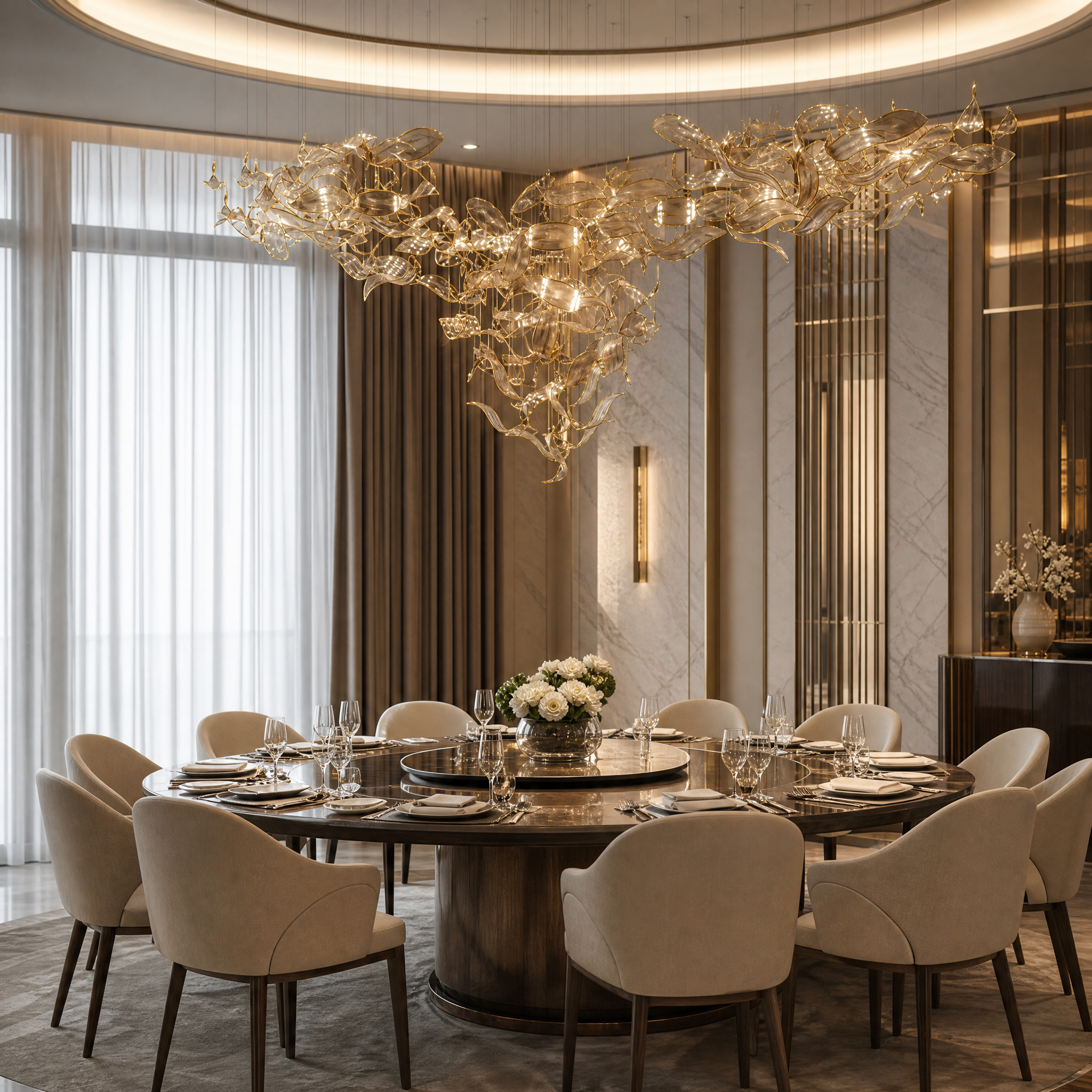 Upscale hospitality lobby area illuminated by the artistic and fluid Willow Drift sculptural chandelier.