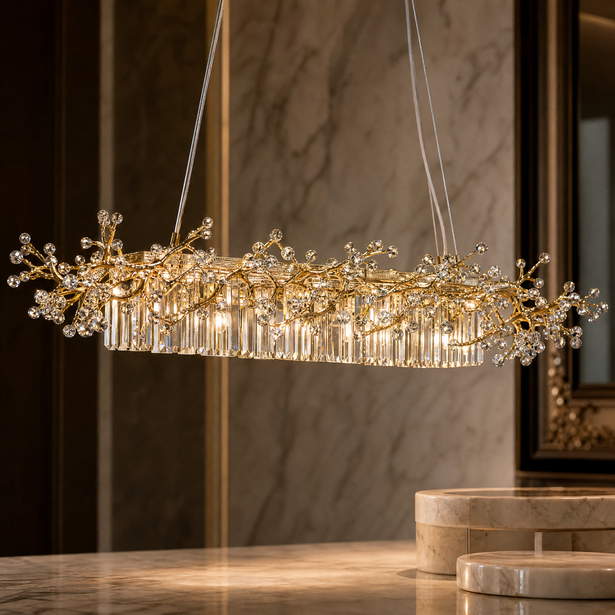 Detailed macro shot of the branching crystal elements on the VORELLI Winterberry Rectangular Chandelier emphasizing depth and sparkle.