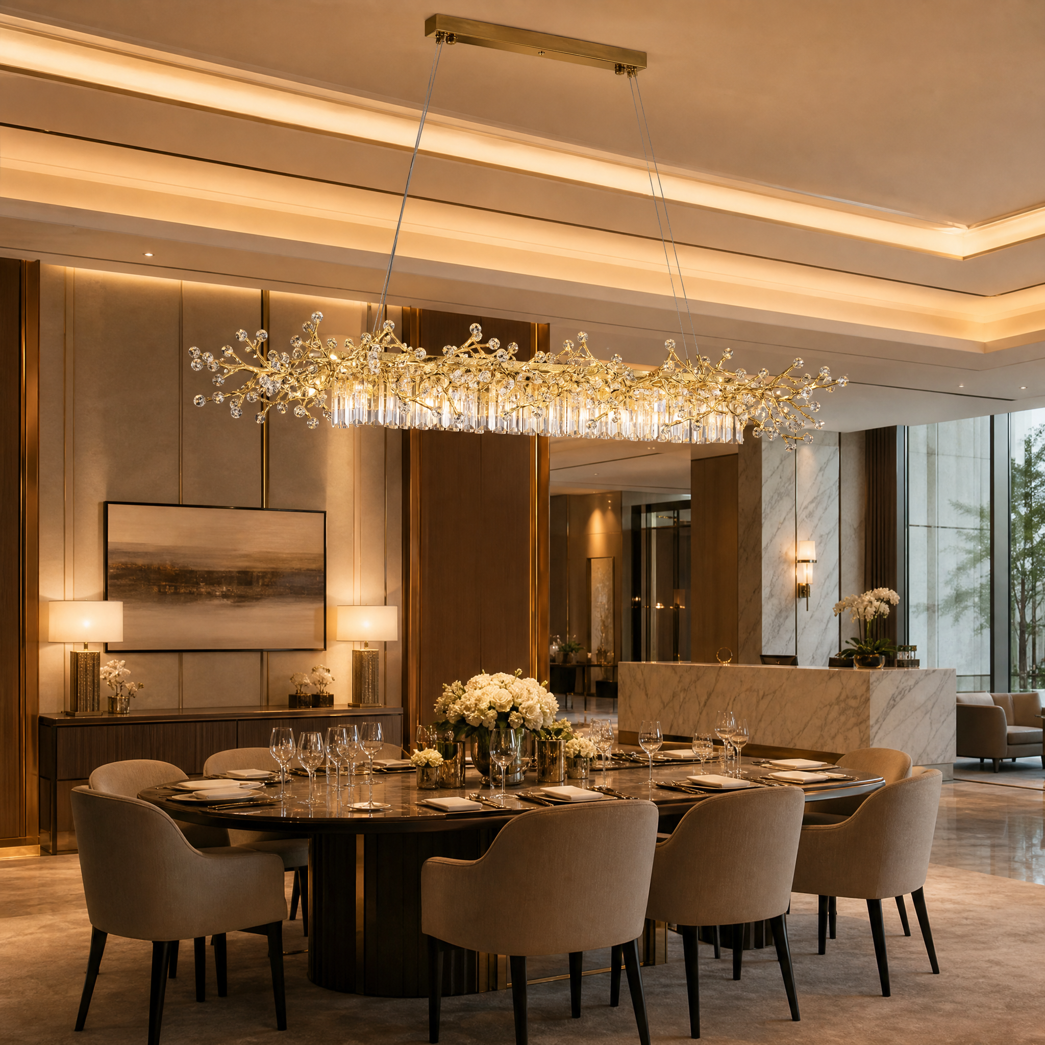 The elegant Winterberry Rectangular Chandelier installed as a statement light fixture in an upscale hospitality lounge interior.