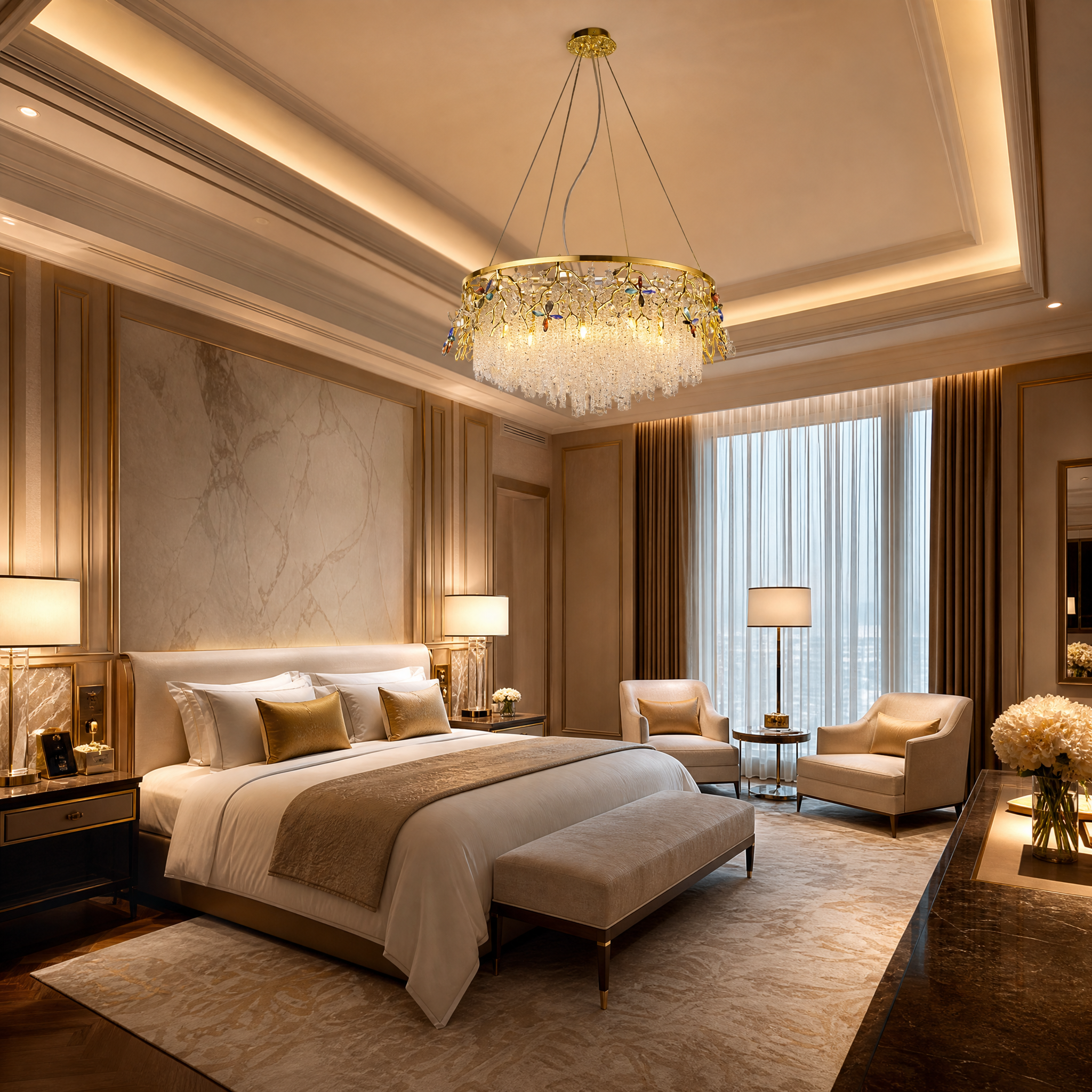 The elegant Wisteria Circular Chandelier II hanging in a high-end hotel lobby, enhancing the upscale hospitality ambiance.