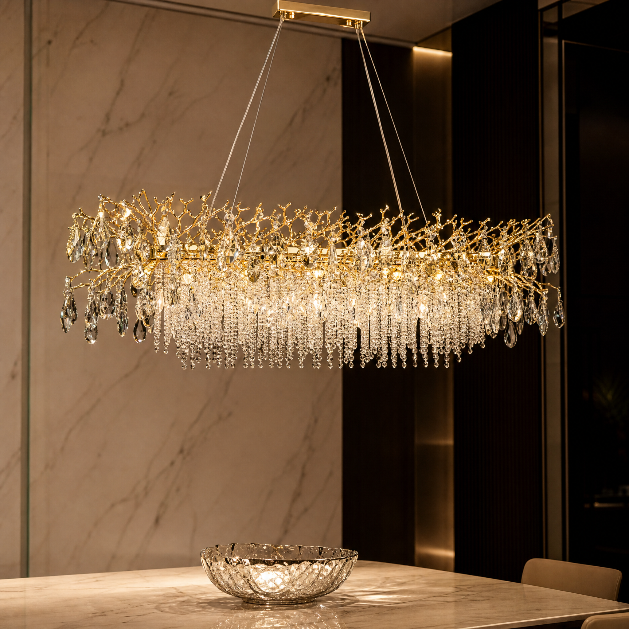 Detailed closeup of the VORELLI Wisteria Dewdrop chandelier showing delicate crystal dewdrops cascading from sculptural branching metal forms.