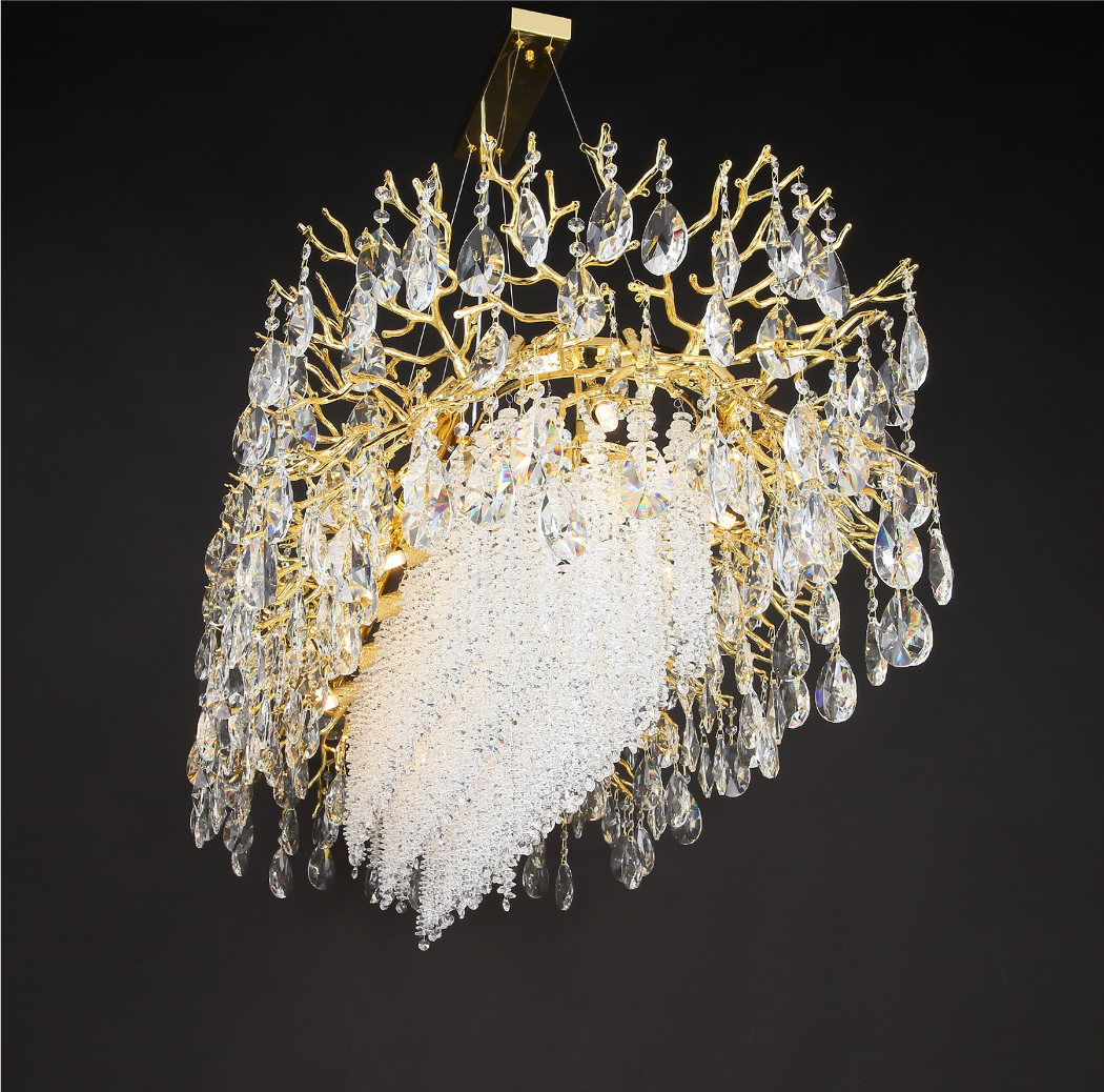 Gold branch rectangular chandelier with crystal dewdrop detailing