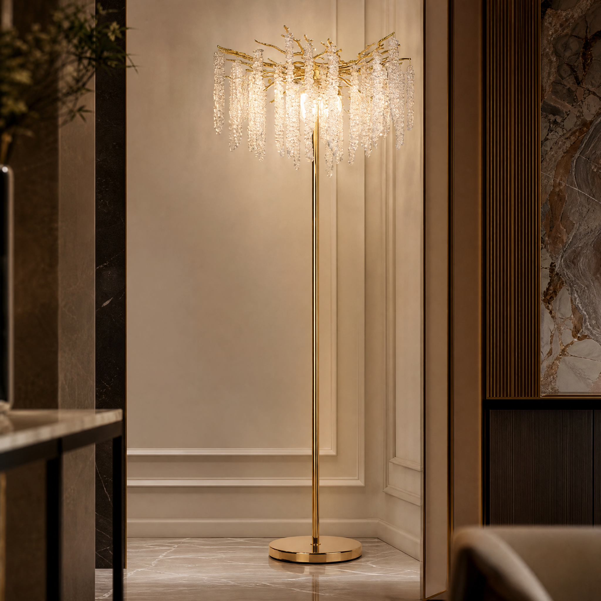 Close-up macro shot of the VORELLI Wisteria floor lamp, highlighting the detailed branching and layered diamond-cut crystal strands.