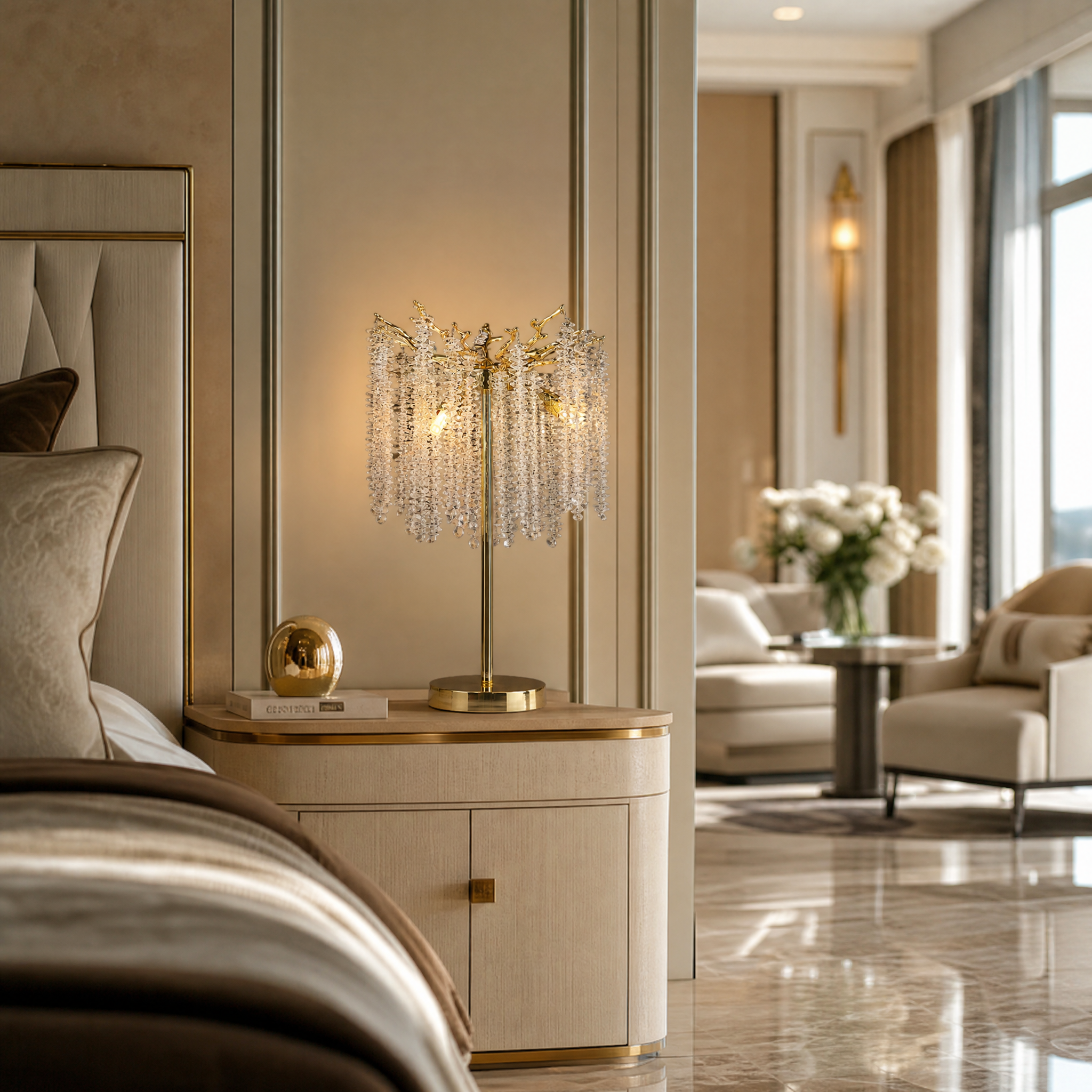 VORELLI Wisteria luxury crystal table lamp casting a soft ambient glow on a chic bedside table in a high-end residential master bedroom.