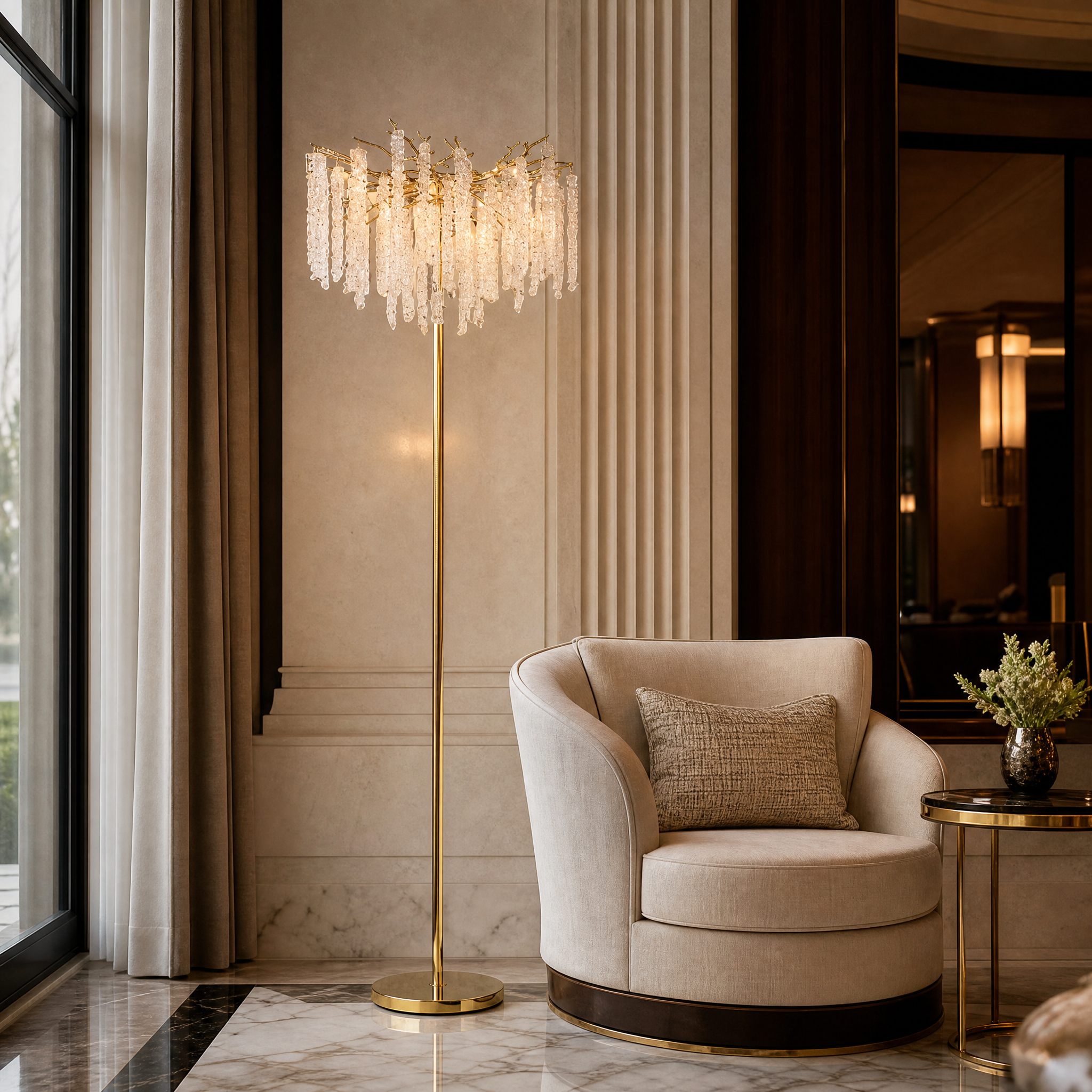 The sculptural Wisteria floor lamp by VORELLI illuminating a sophisticated boutique hotel lobby or luxury hospitality interior.