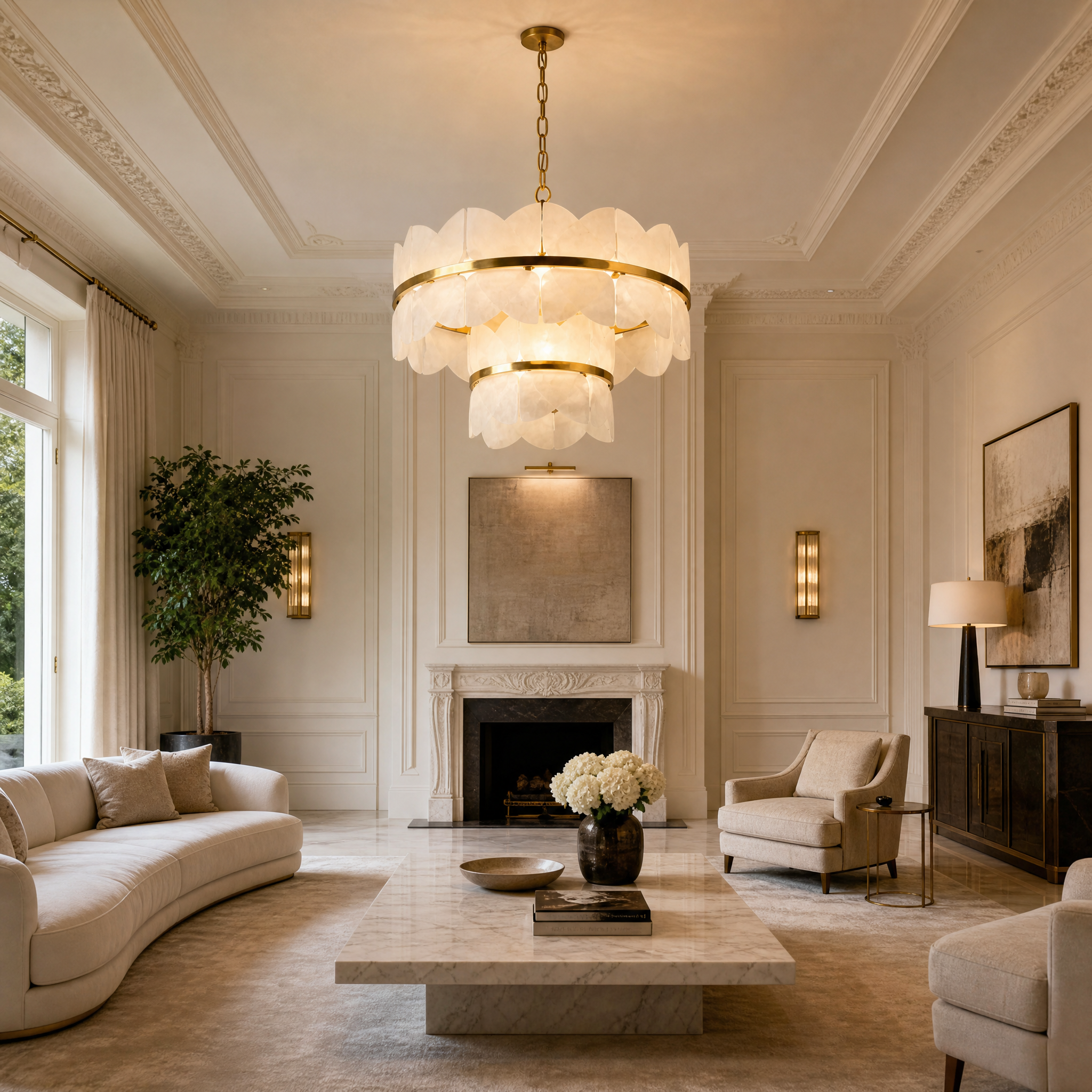 VORELLI Xavier marble circular chandelier illuminating a sophisticated modern residential living room with high ceilings.
