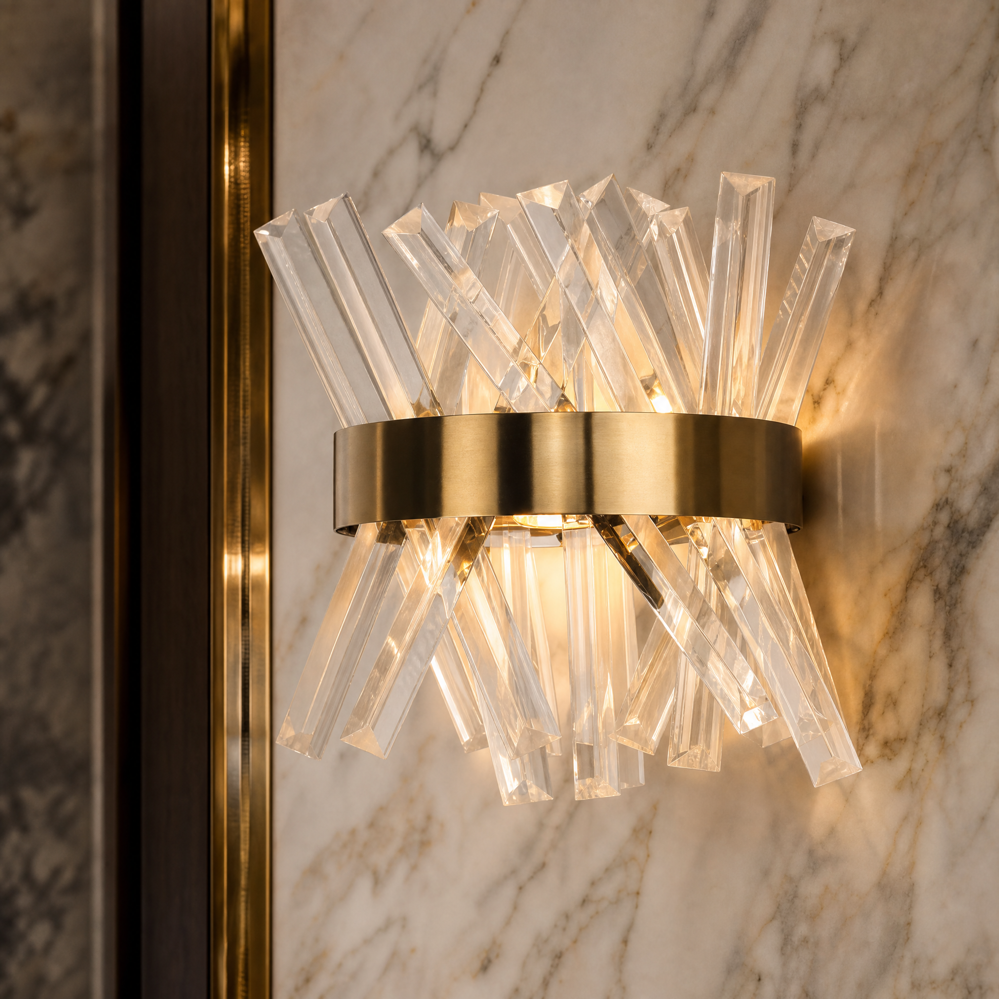 Macro closeup detailing the geometric precision of angled diamond cut crystals on the sleek contemporary frame of the Yakutia Wall Light.