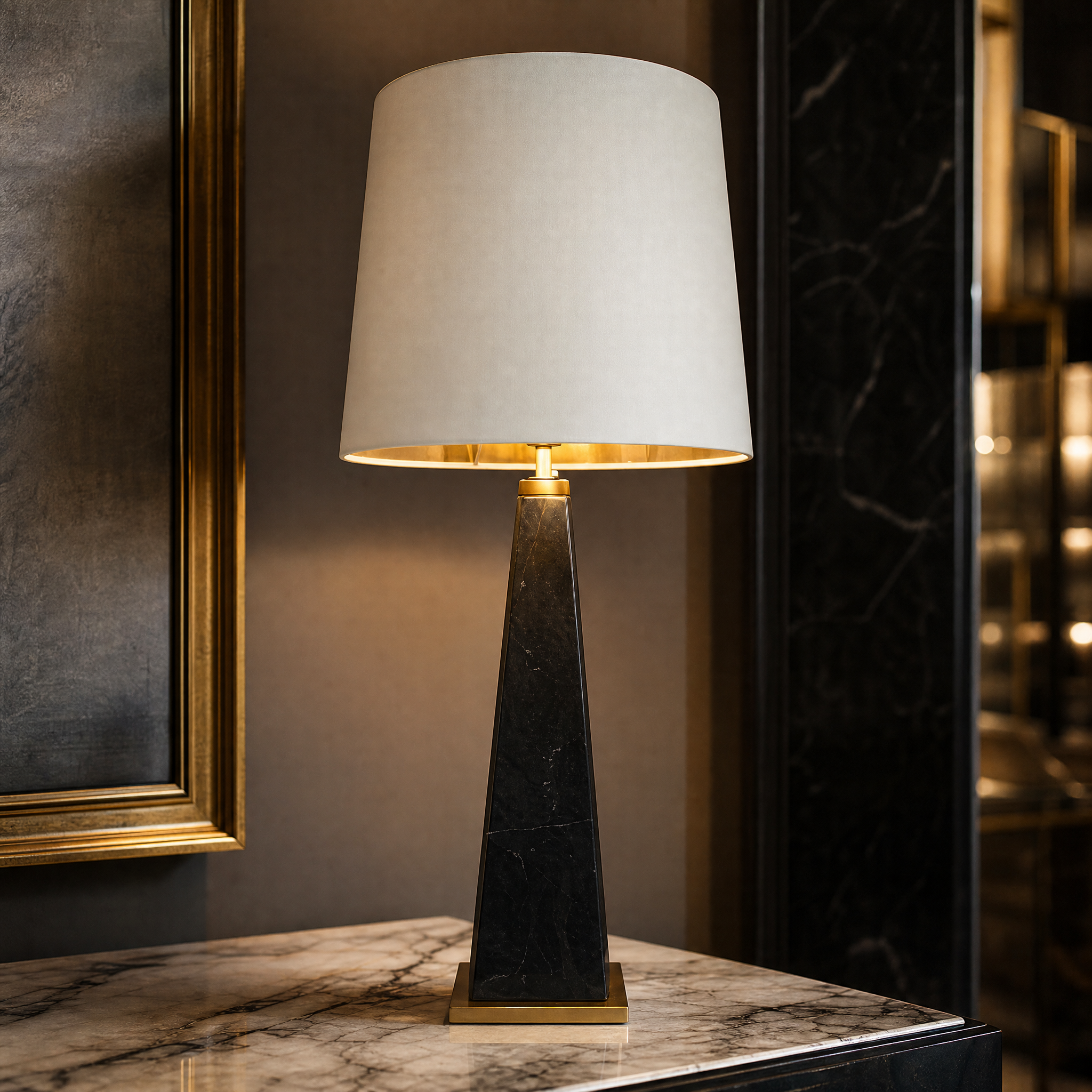 Macro closeup of the VORELLI Zafira lamp showcasing the sculpted tapered black marble base and refined antique brass metallic accents.