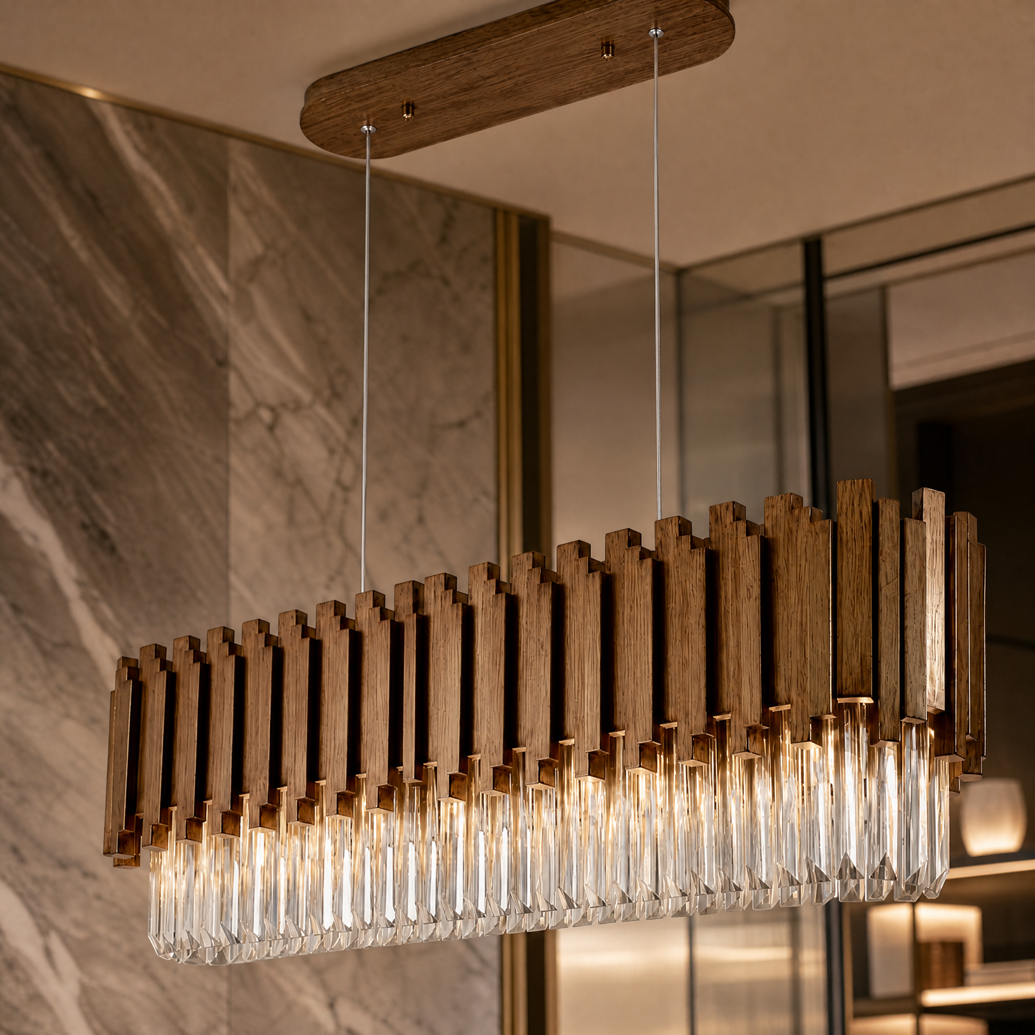 Close-up shot of the Zanero Chandelier's vertical metal bars and intricate cascading faceted crystal prisms, highlighting the precision craftsmanship and brilliance.