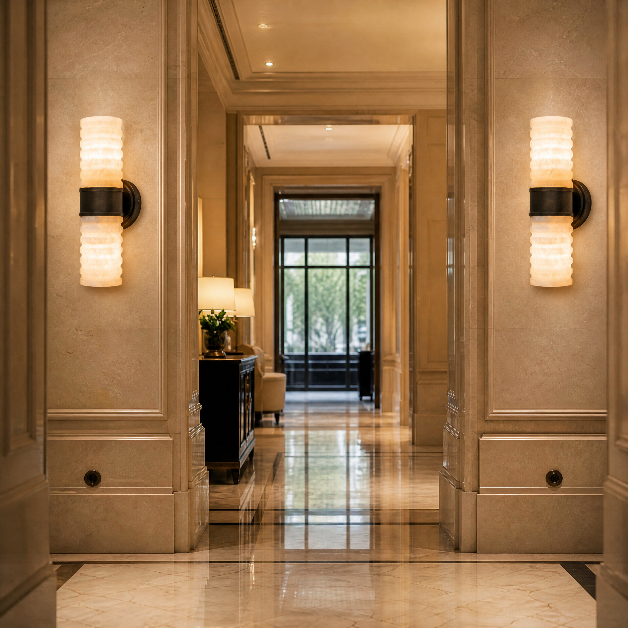 A pair of Zavero dual ribbed alabaster column wall sconces with deep bronze frames providing sophisticated mood lighting in a contemporary luxury hotel lobby.