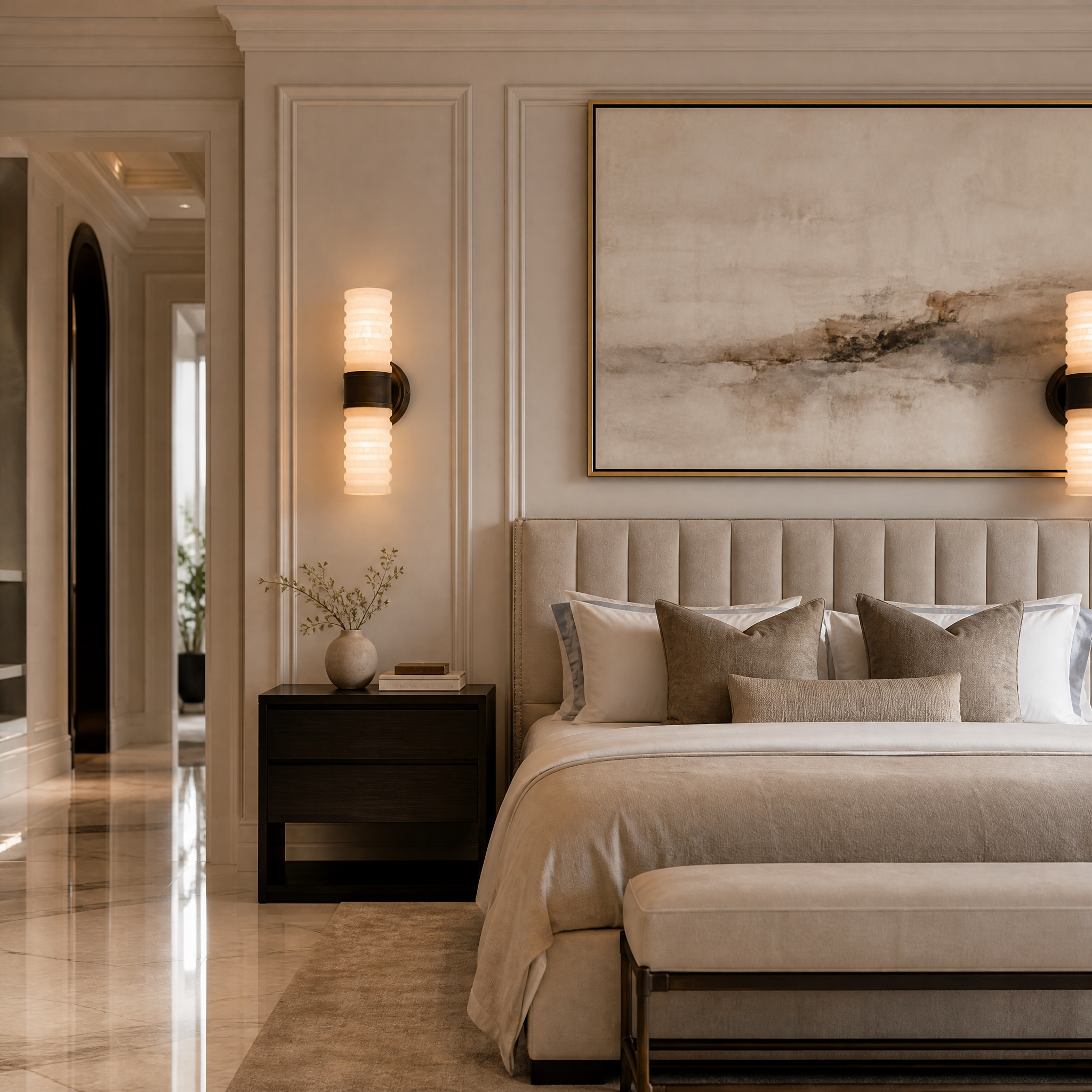 Luxury VORELLI Zavero ribbed alabaster and bronze wall light illuminating an elegant residential living room hallway with a warm, atmospheric glow.
