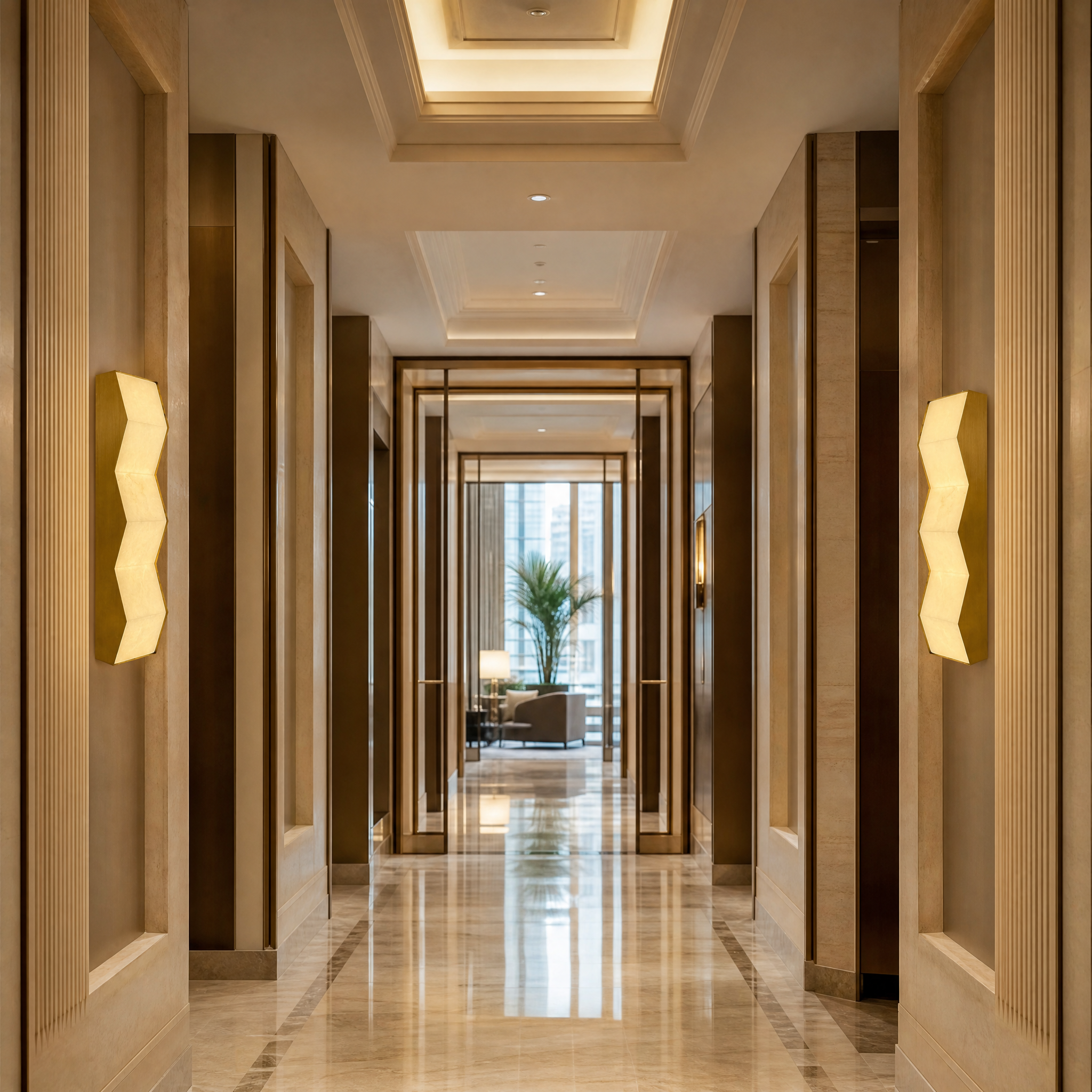 A row of Zigari zig-zag marble wall sconces creating sophisticated, structured mood lighting along a high-end hotel boutique corridor.