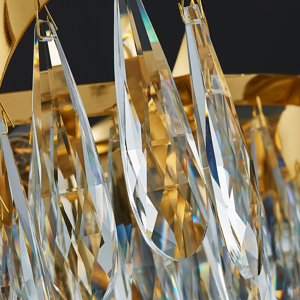Detailed macro view of faceted diamond cut crystal elements on the Isso Rectangular Chandelier