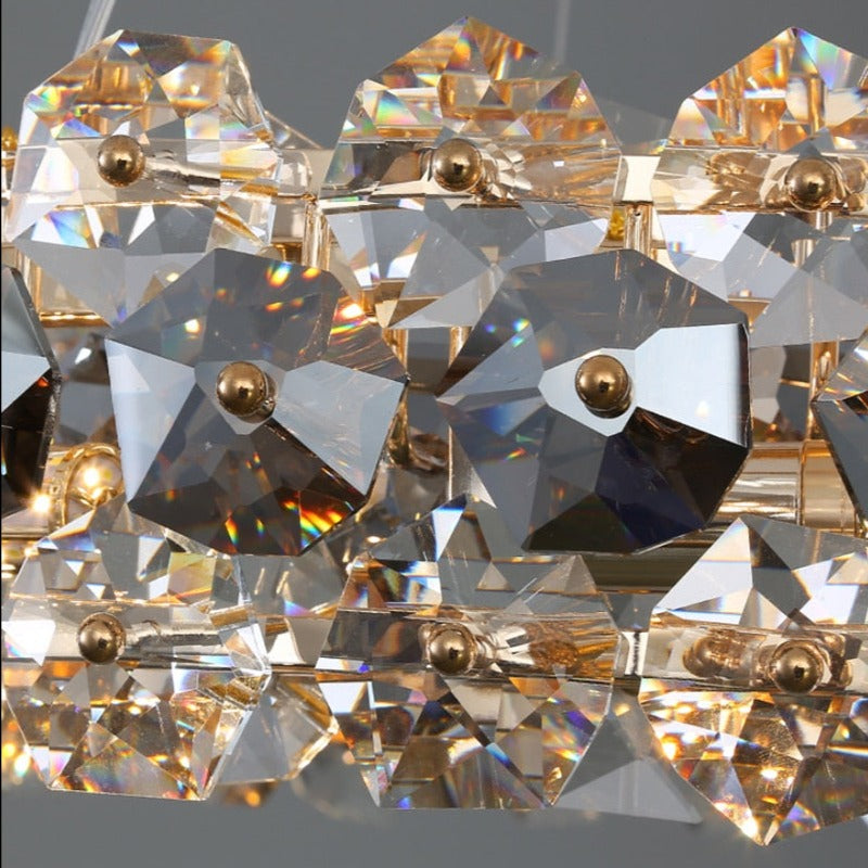 Macro view of crystal arrangement in the Astoria chandelier, emphasizing layered texture and sparkle.