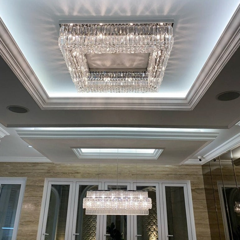 chartrons ceiling light square design with crystal bars casting elegant lighting patterns