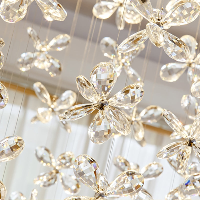 Close-up of diamond cut flower crystal cluster on the Whirlow staircase chandelier