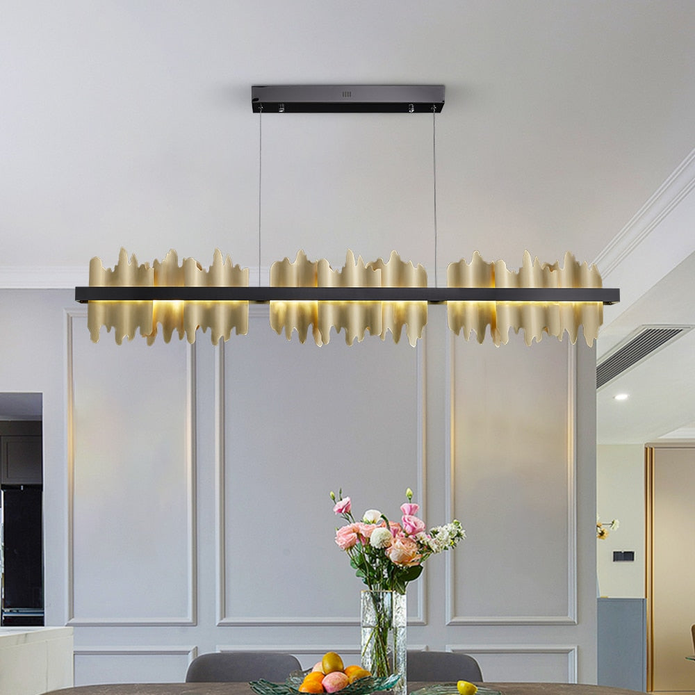 Front view of the Douala Rectangular Chandelier showcasing its elongated silhouette and decorative elements