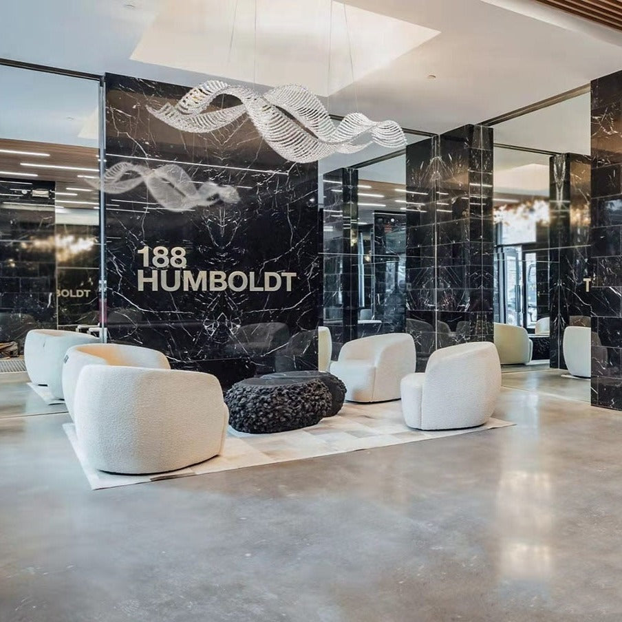 Harbron Rectangular Chandelier installed in a high-end commercial interior as an artistic lighting centrepiece