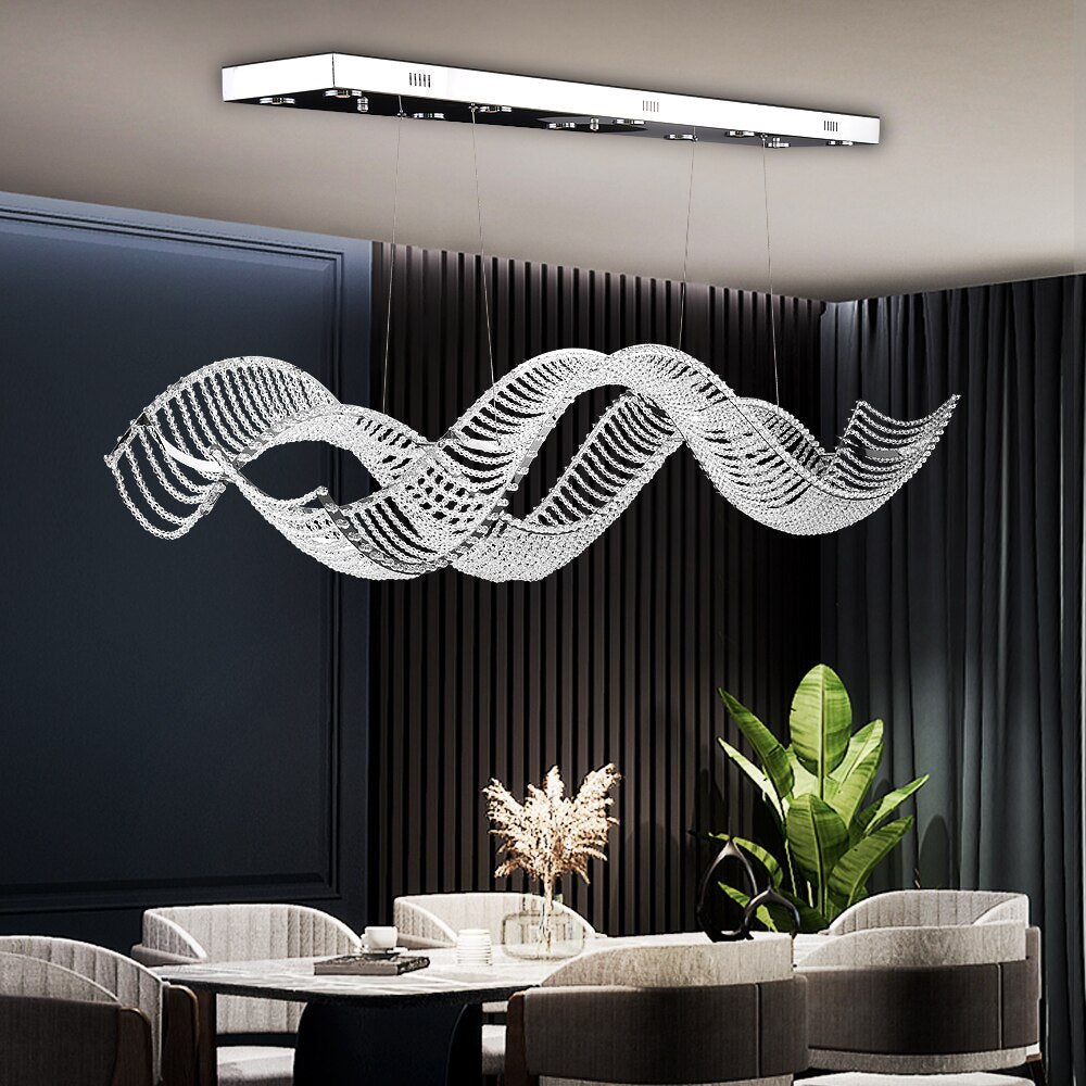 Harbron Rectangular Chandelier displaying its flowing wave silhouette with crystal pearl accents
