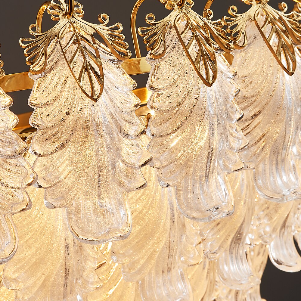 Detailed view of textured feather shaped crystals on the Julio Circular Chandelier
