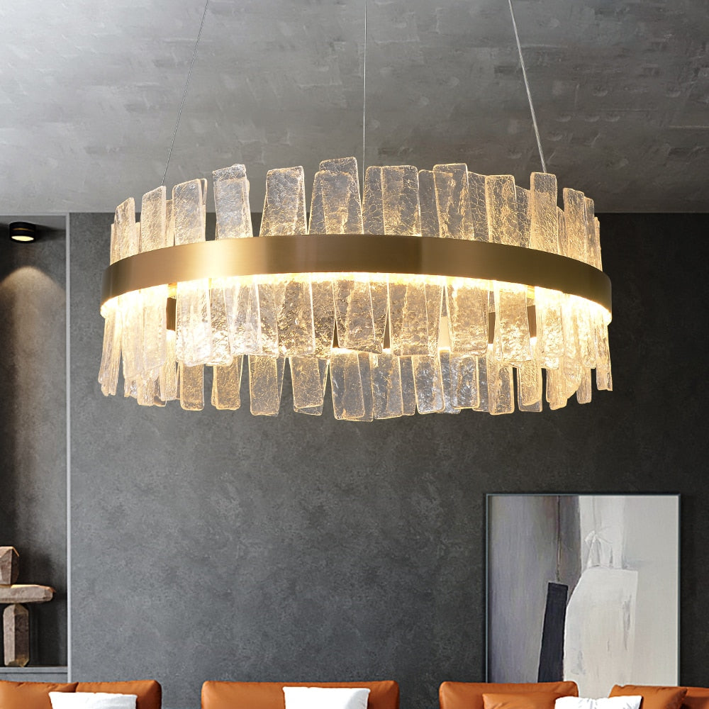 Kensington circular chandelier installed in modern upscale interior with elegant glow