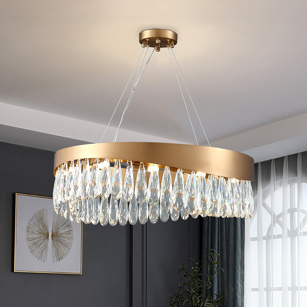 Lomazzo circular chandelier with diamond cut teardrop crystals creating a luxurious focal point in a modern living interior
