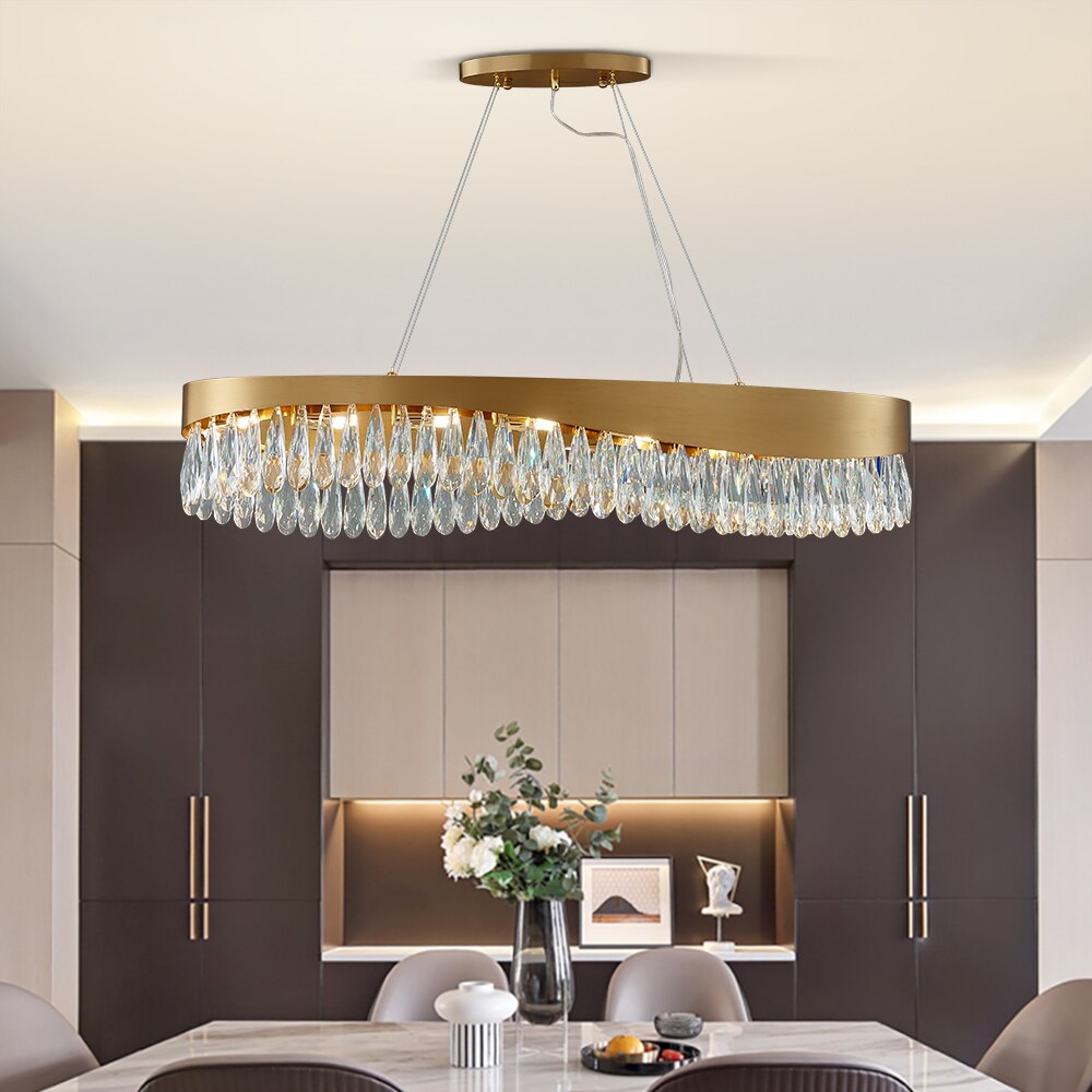 Luxury rectangular crystal chandelier illuminating an elegant contemporary dining space