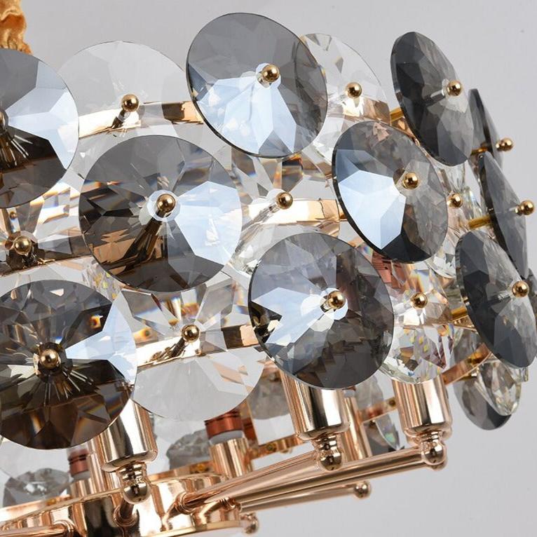 Close-up of clear and smoky grey diamond cut crystal discs forming the Lorenzo chandelier design