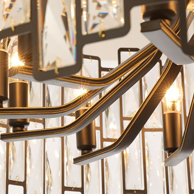 Close up underside view of rectangular crystal bars on Presidio Circular Chandelier II