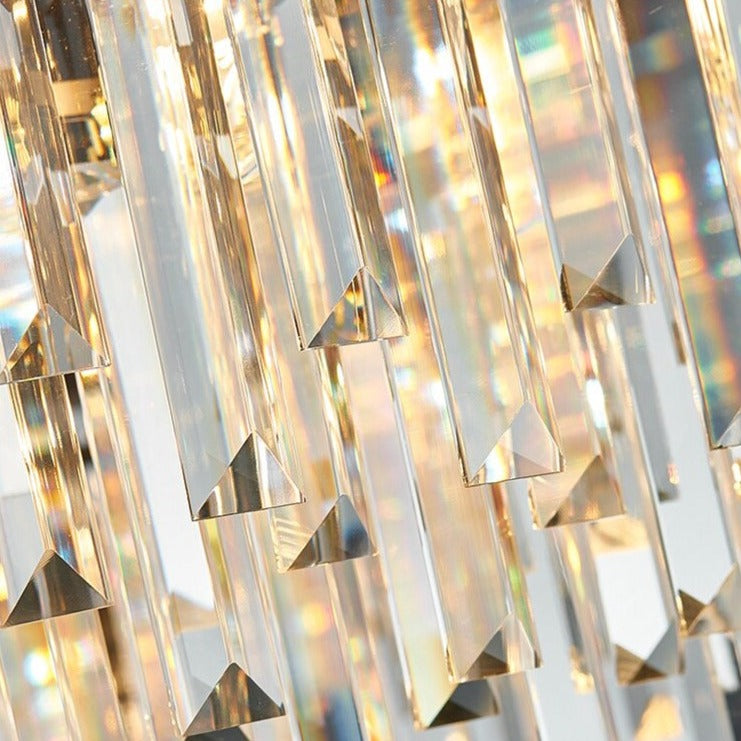 Detailed view of cascading crystal elements on Richmond chandelier creating radiant sparkle