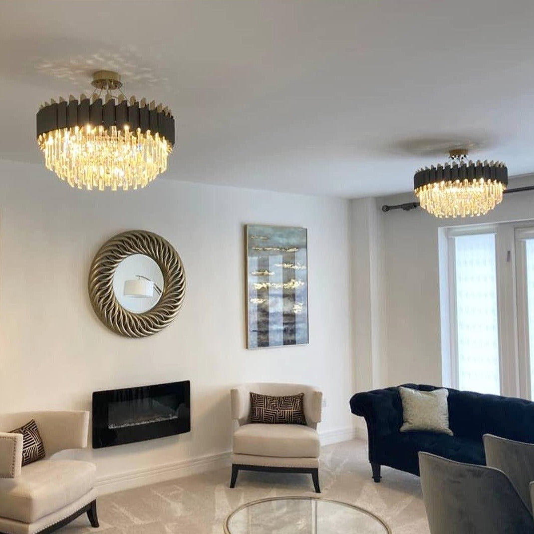 Richmond modern classic circular crystal chandelier installed in refined living interior