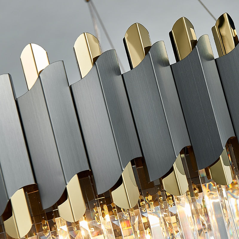Close up of structured crystal bars on Richmond rectangular chandelier