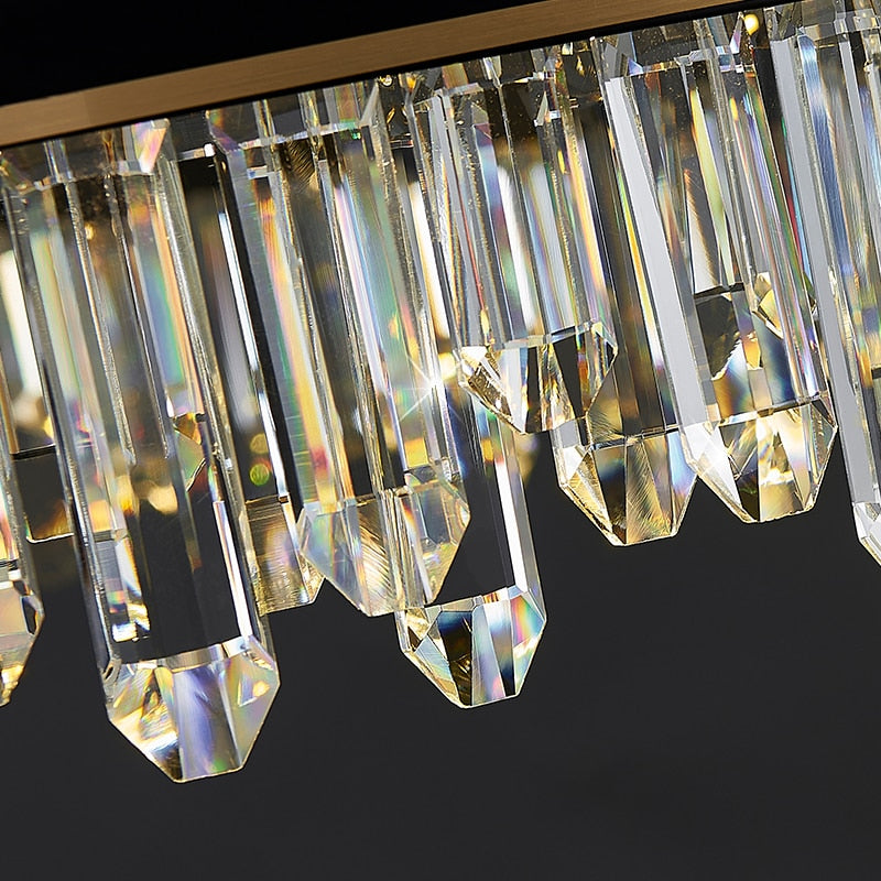 Close up of ceiling mount and suspension cables on Sagres rectangular diamond cut crystal chandelier