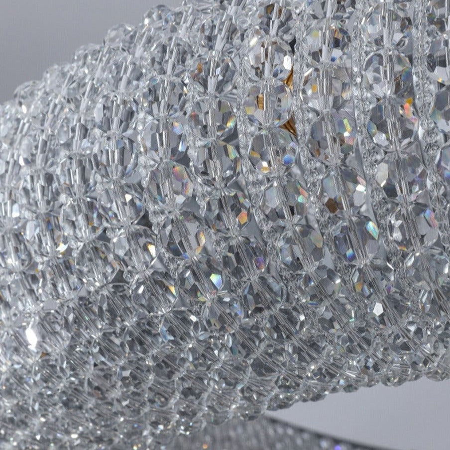 Detailed view of layered diamond cut crystal pearls on Seminyak circular chandelier