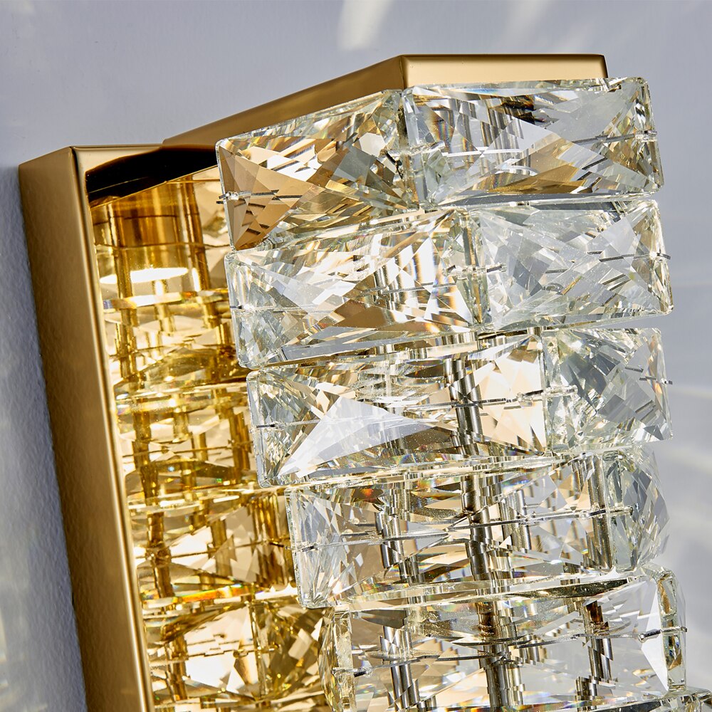 Close up of diamond cut rectangle crystal blocks forming cuboid structure on Sitka wall light