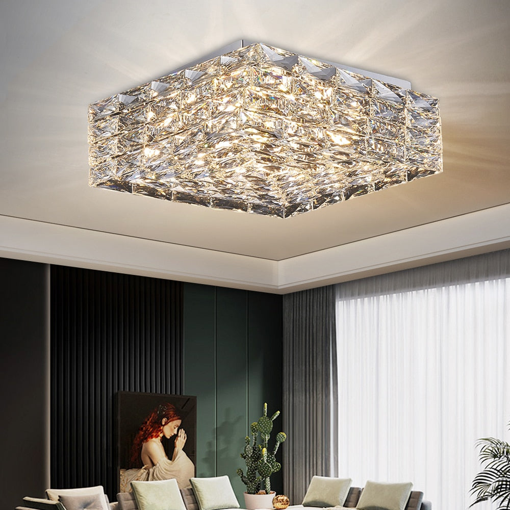 Sitka modern rectangular crystal ceiling light installed in contemporary living interior