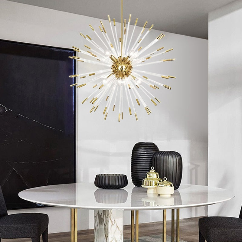 Livadia pendant light with artistic spiky sphere design suspended above a modern dining table