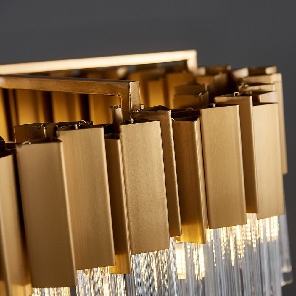 Underside view of the Antilia Circular Chandelier featuring warm brass structure and downward crystal arrangement.