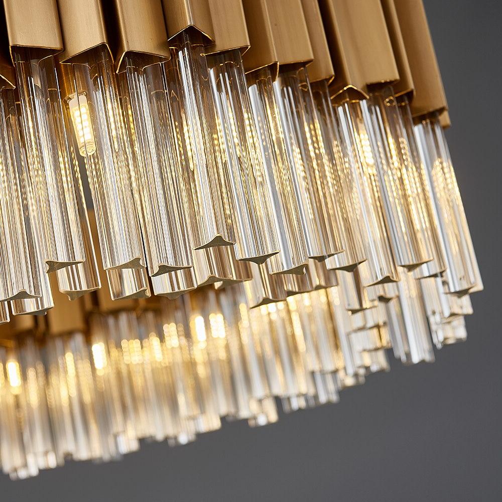 Side view close-up of Antilia Circular Chandelier showing the detailed prism-cut crystal bars and reflective brilliance.