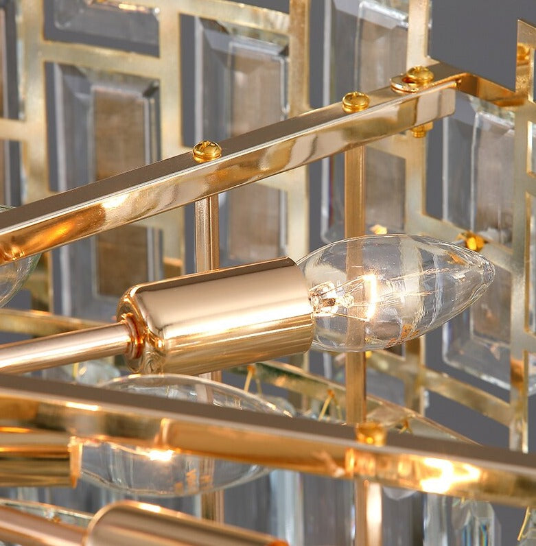 Close-up of layered rectangular and square crystals on the Belvedere circular chandelier.
