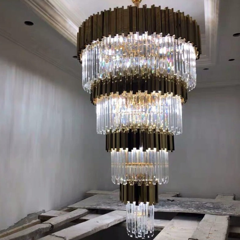 VORELLI® Boeotia Grandeur chandelier with elongated cascading crystal bars forming a dramatic staircase centrepiece