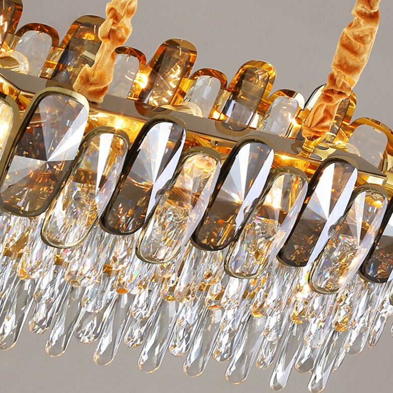 Close-up of oblong and semi-ellipse diamond cut crystals on the Edmond rectangular chandelier