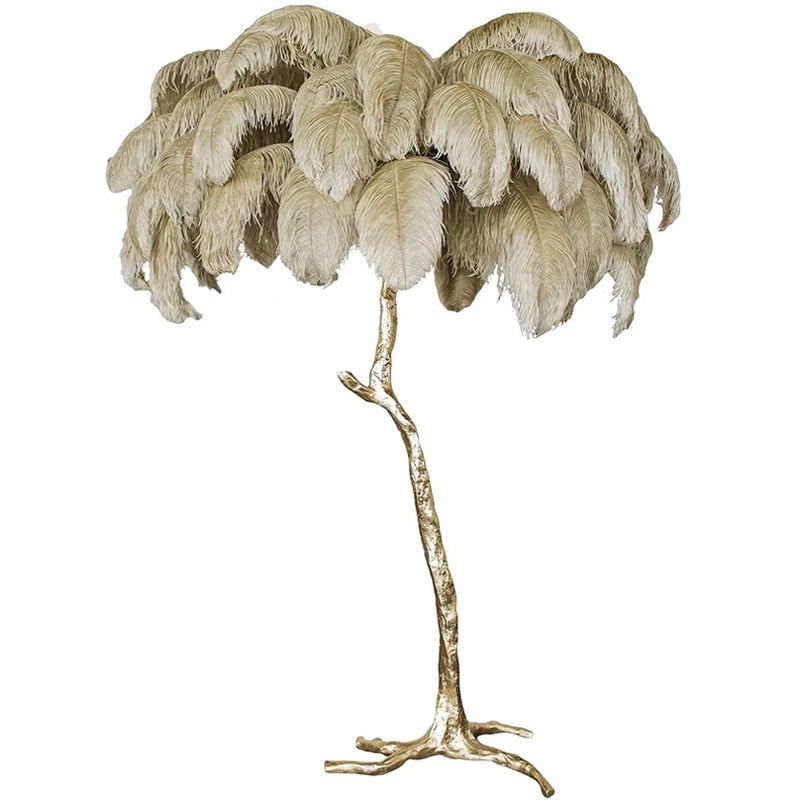 Cream ostrich feather floor lamp with elegant gold base