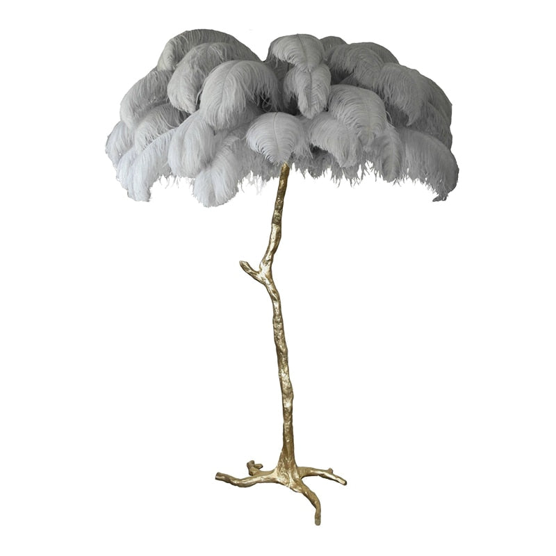 Grey feather floor lamp with soft atmospheric glow