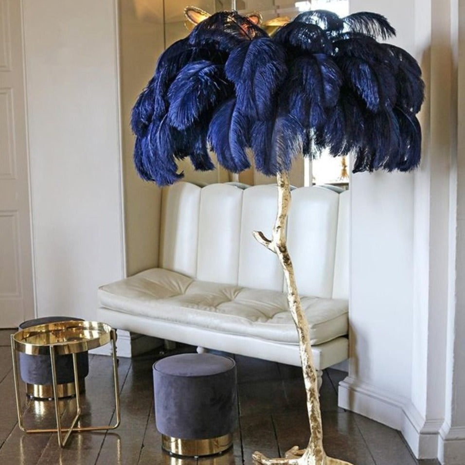 Navy ostrich feather floor lamp with sculptural gold stand