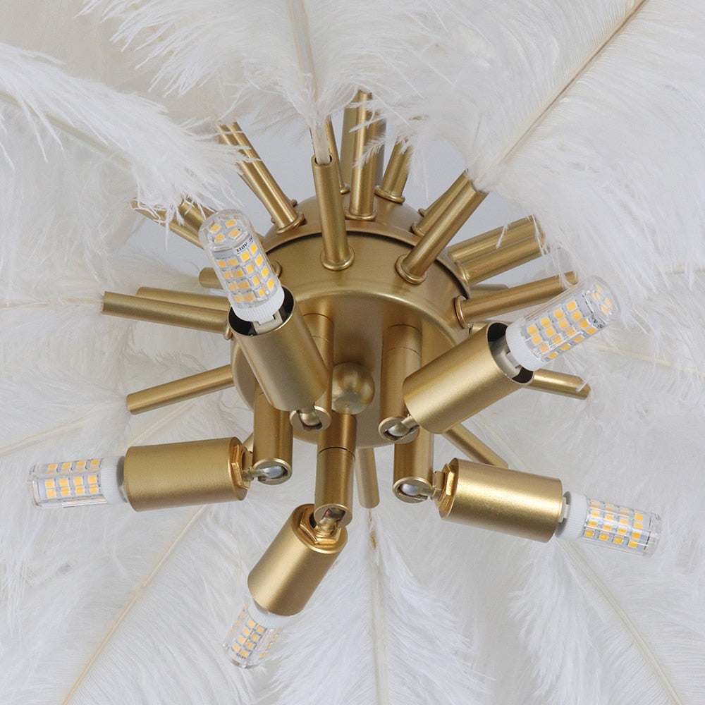 Gold metal frame detail of luxury feather pendant light