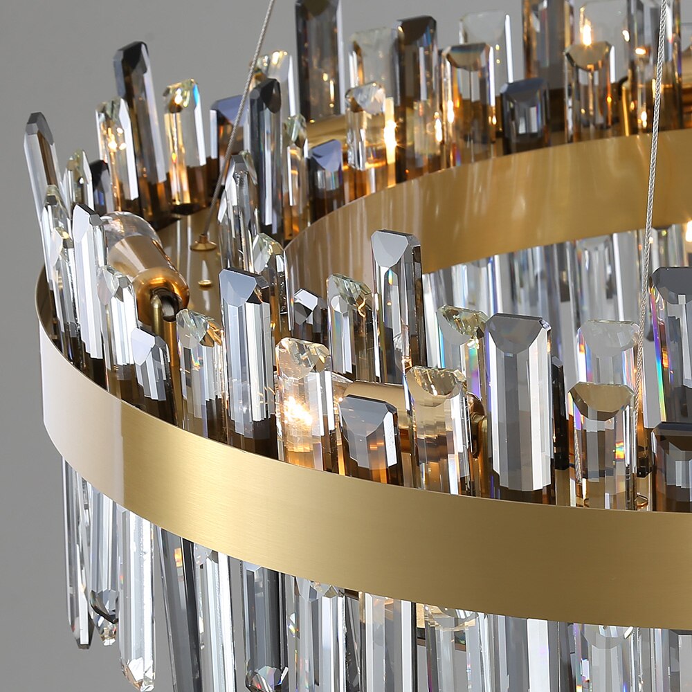 Side profile detail of luxury circular chandelier with crystal drops